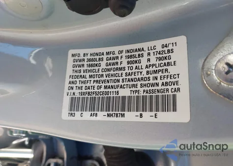 2012 Honda Civic Lx from USA, damaged, VIN 19XFB2F52CE001116